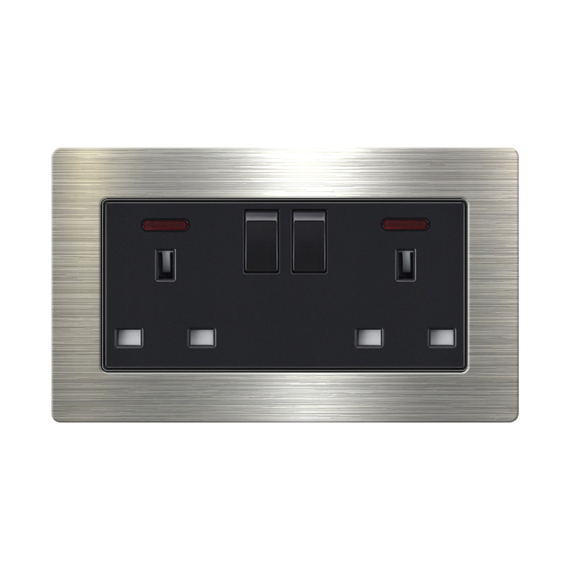 Stainless steel Switch W88-Double UK Socket With Switch With Indicator Light-Silver